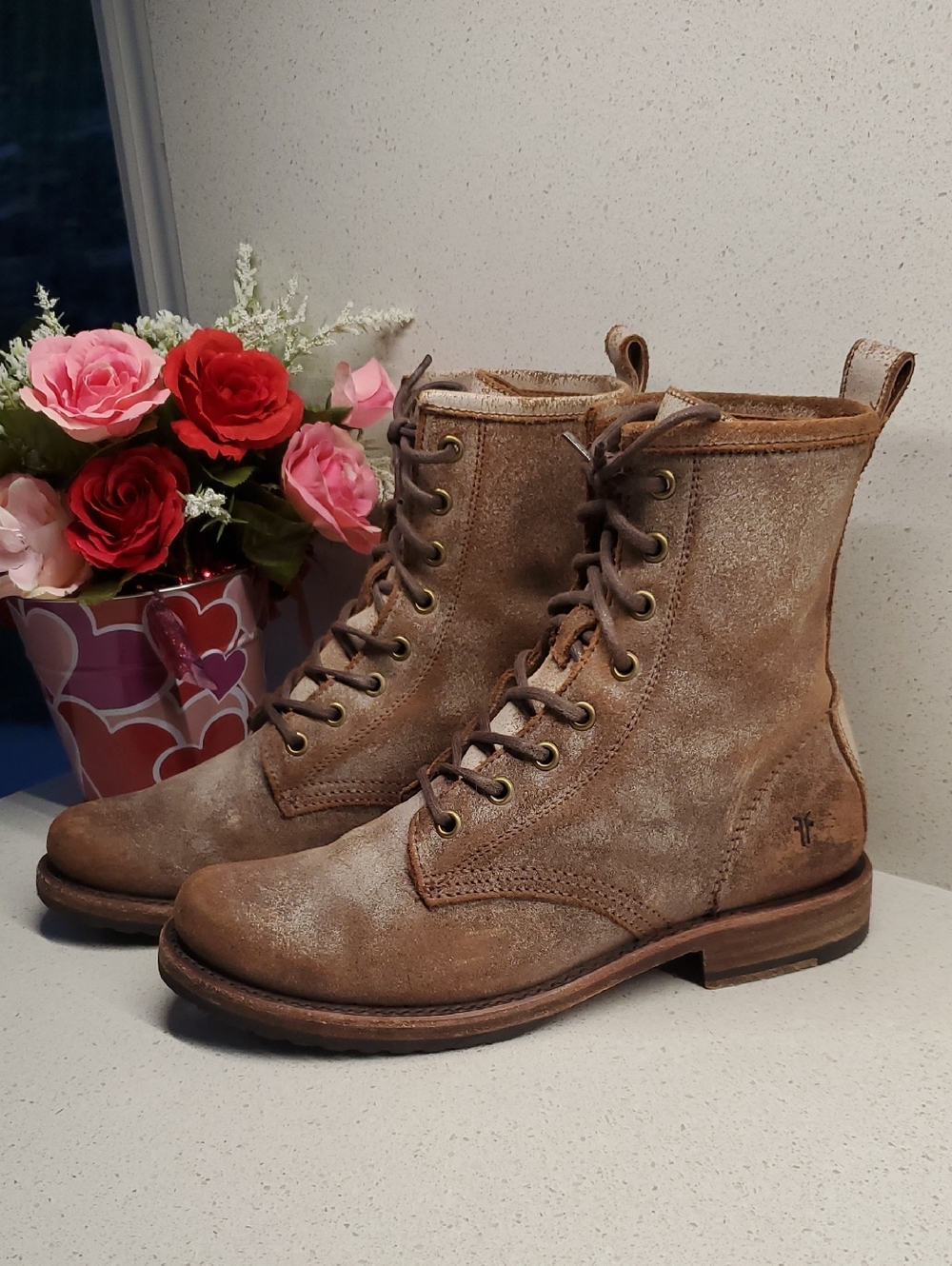 FRYE Veronica Distressed Lace-Up Leather Combat Boots (sz 6.5)